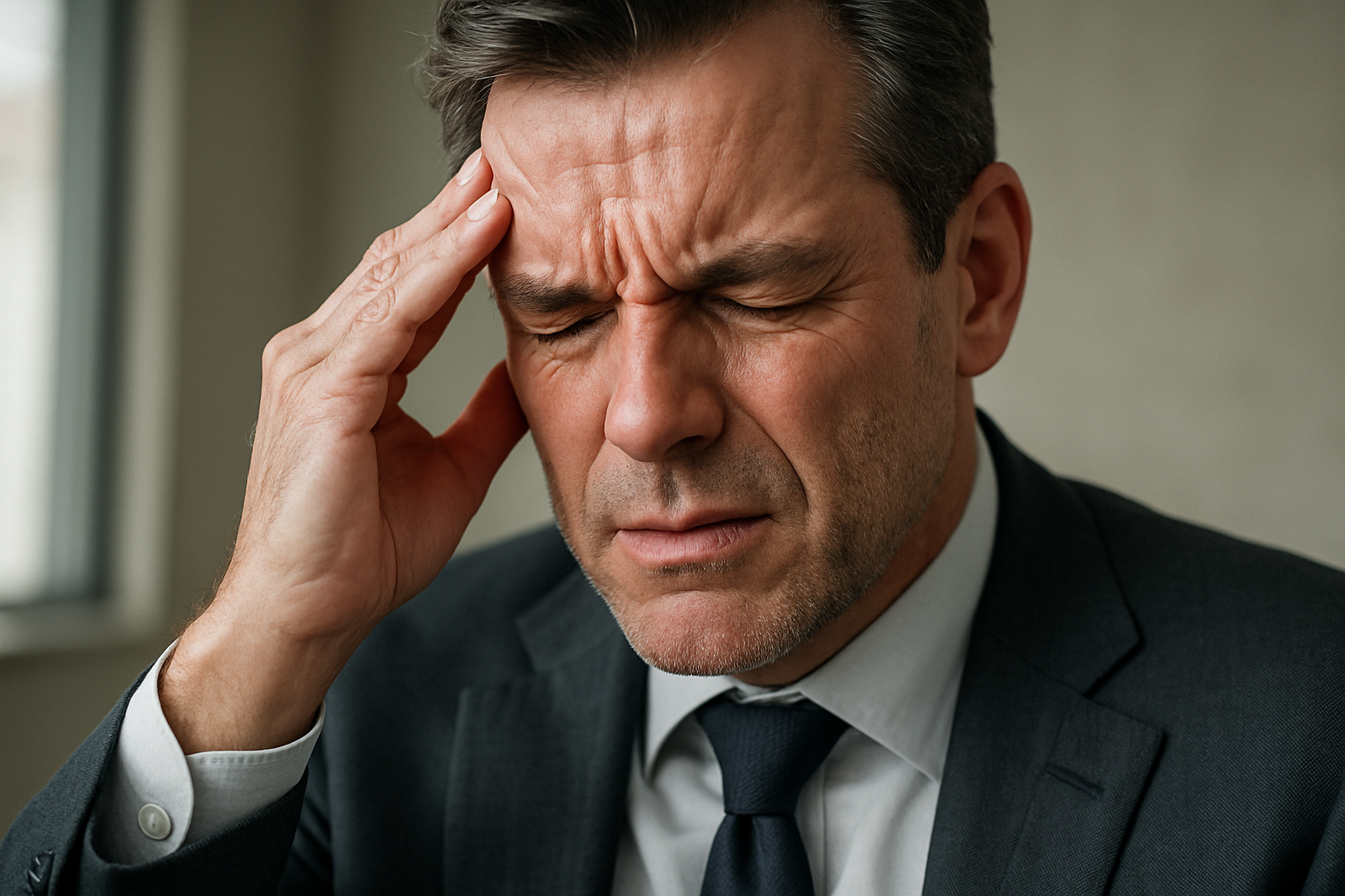 an ageing, well-dressed man, mid-life, looking like he's suffering, with a headache or similar, hyper realistic, like photo