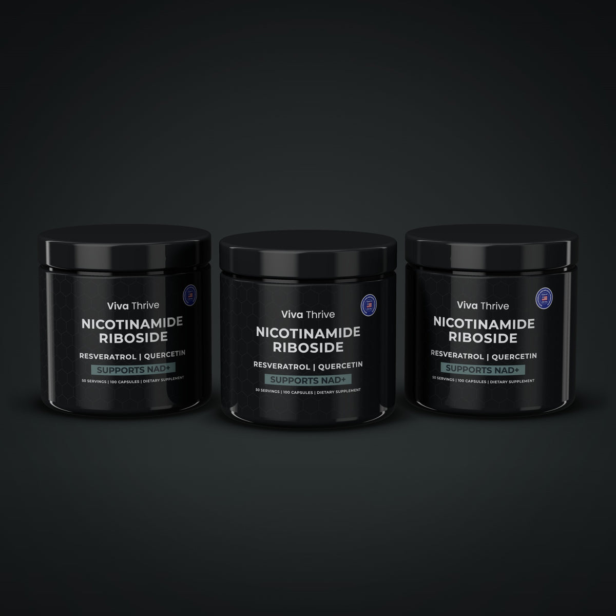 Three jars of VivaThrive Advanced NAD+ Complex