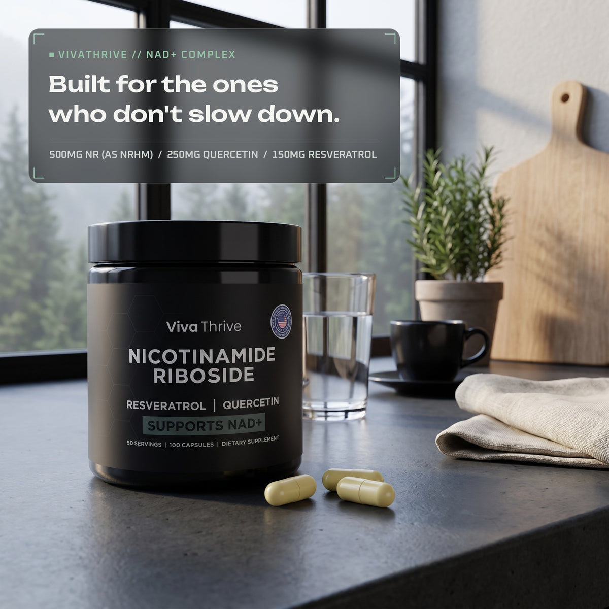 The VivaThrive jar on a concrete kitchen counter in the morning