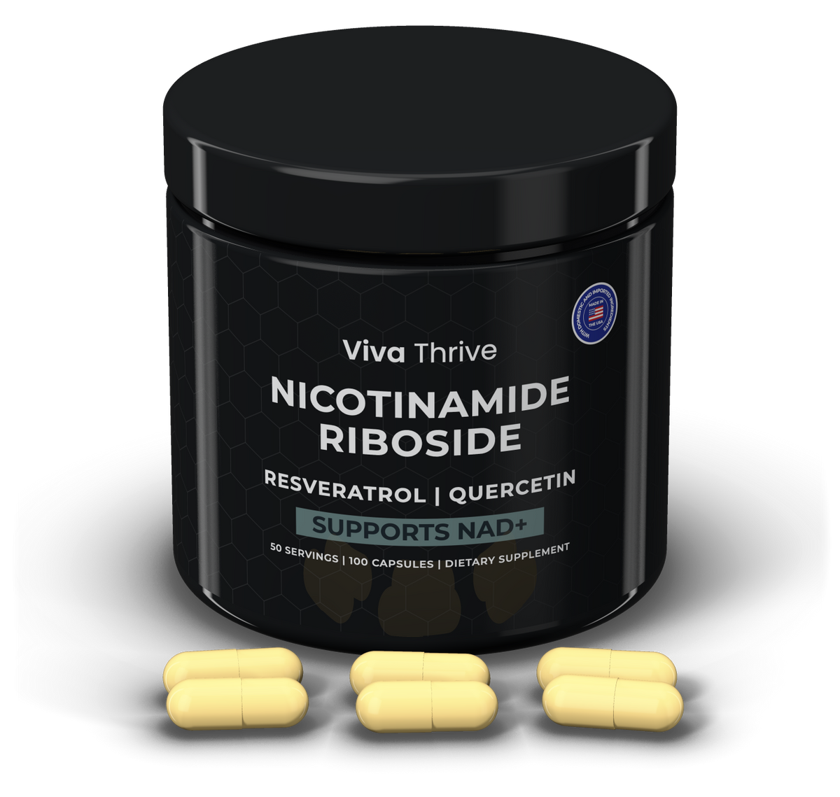 A VivaThrive jar with three pairs of capsules in front of it