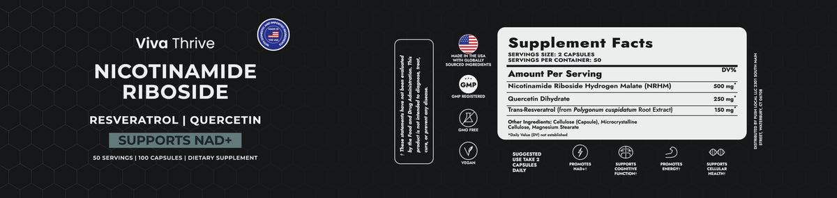The full VivaThrive label laid flat. Front: Viva Thrive Nicotinamide Riboside, Resveratrol, Quercetin, Supports NAD+, 50 servings, 100 capsules, dietary supplement. Back: Supplement Facts, serving size 2 capsules, 50 servings per container. Nicotinamide Riboside Hydrogen Malate (NRHM) 500 mg, Quercetin Dihydrate 250 mg, Trans-Resveratrol (from Polygonum cuspidatum Root Extract) 150 mg, Daily Value not established. Other ingredients: cellulose (capsule), microcrystalline cellulose, magnesium stearate. Suggested use: take 2 capsules daily. Made in the USA with globally sourced ingredients. GMP registered, GMO free, vegan. Distributed by Push Local LLC, 2301 South Main Street, Waterbury, CT 06708. FDA statement.